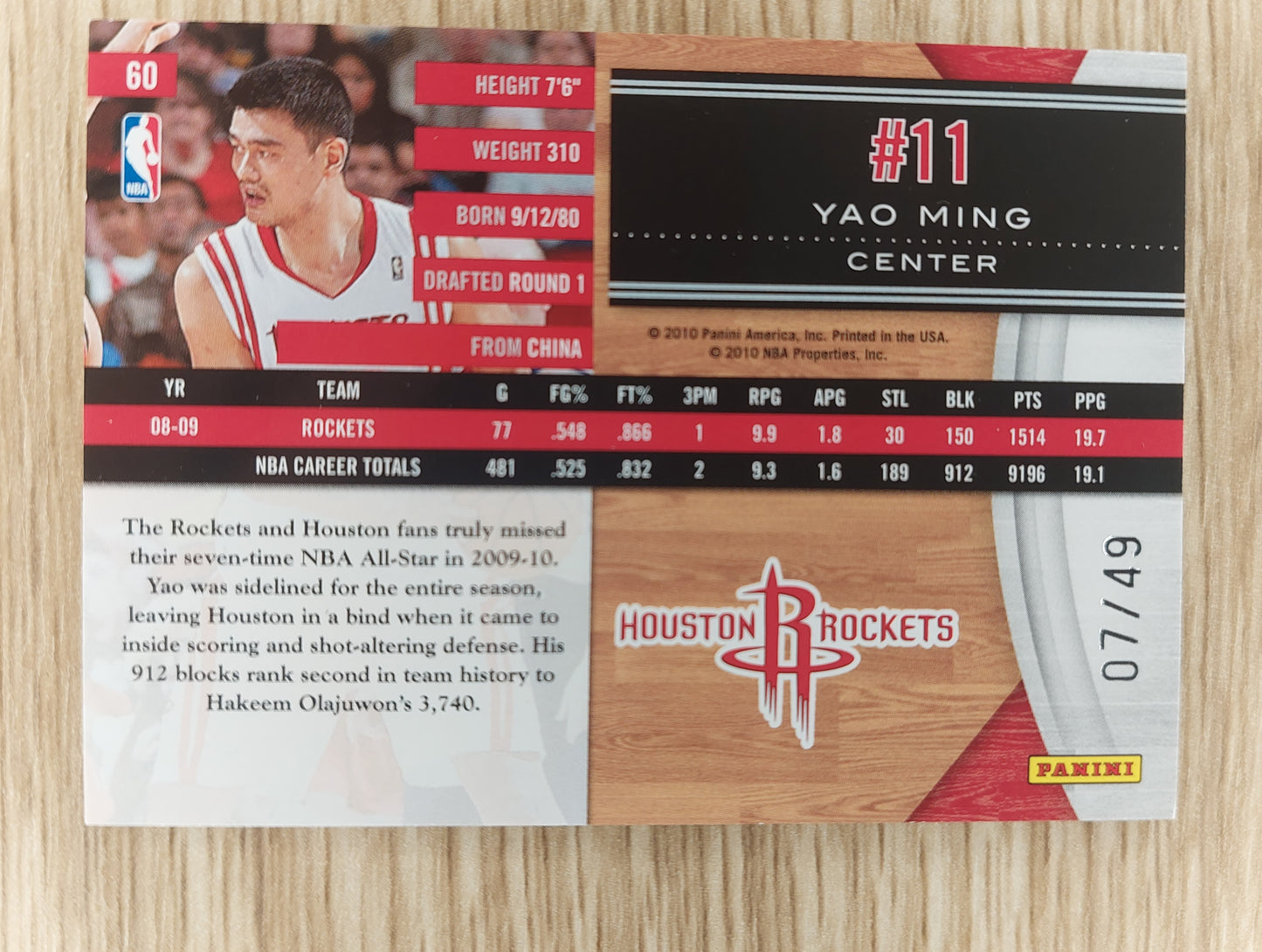 2010 Panini Limited Spotlight #60 Yao Ming Houston Rocket s 07/49