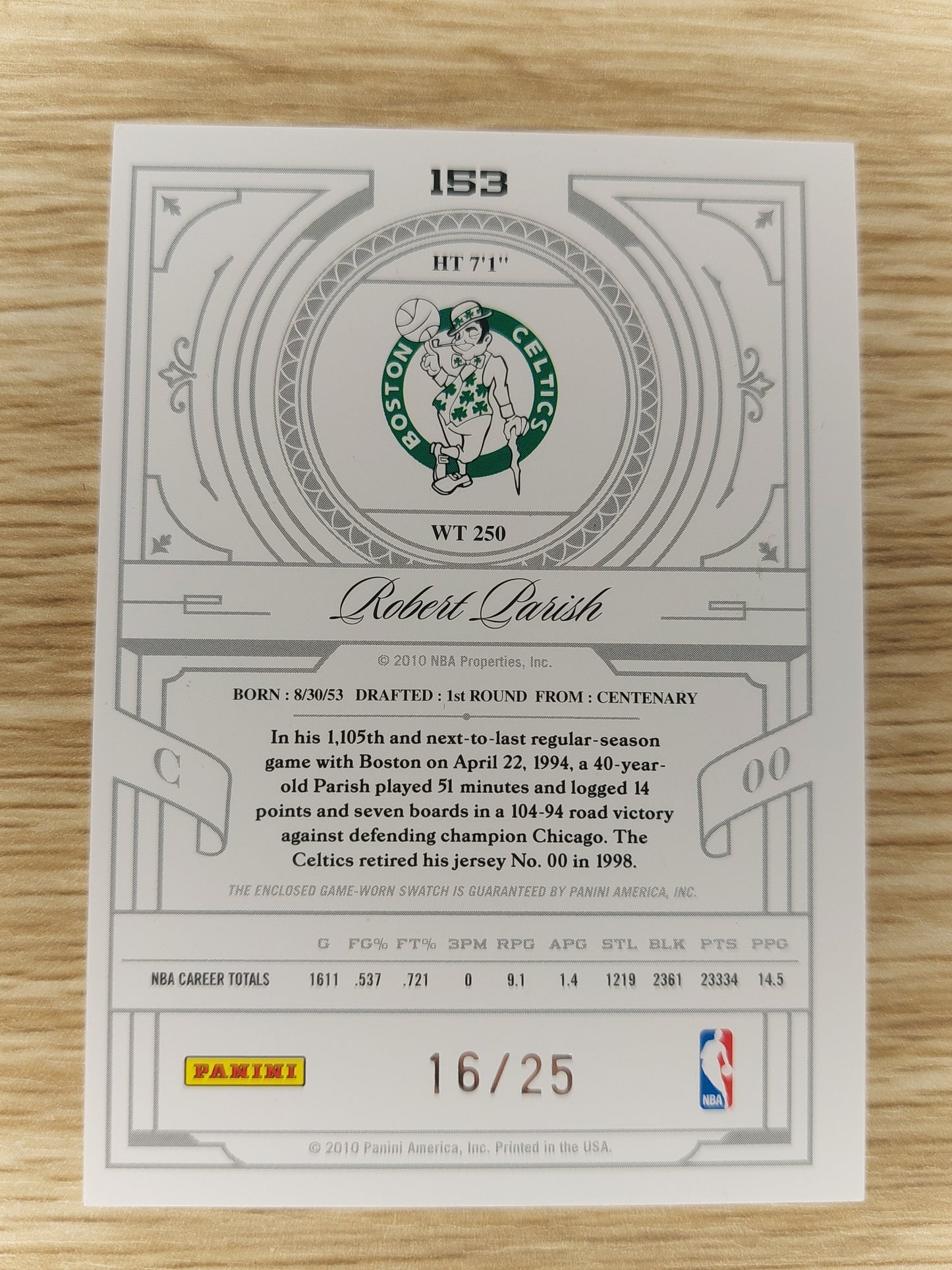 2010 NBA National Treasures Robert Parish legend prime patch 16/25 #153