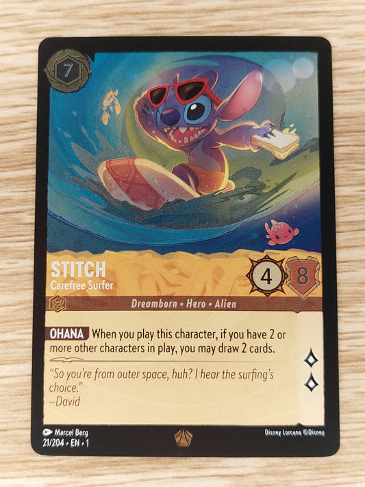 Disney Lorcana The First Chapter 21/204 Legendary Stitch Carefree Surfer Legendary Cold Foil