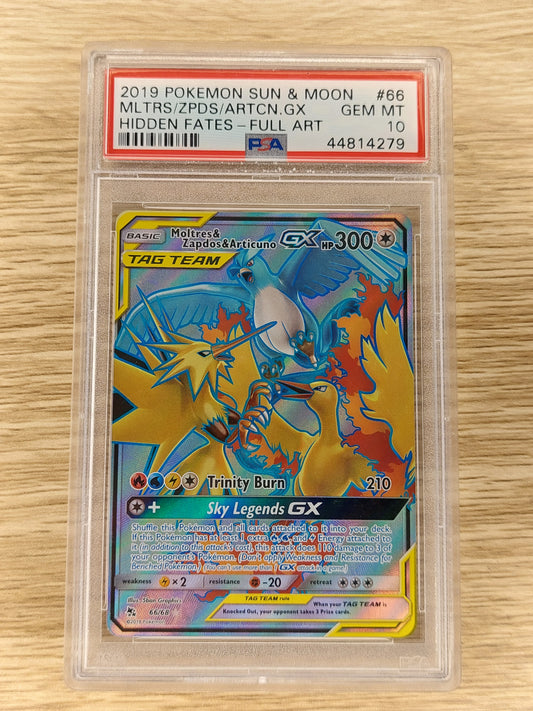 2019 Pokemon Sun & Moon Hidden Fates 66/68 Moltres/Zapdos/Articuno Full Art PSA 10