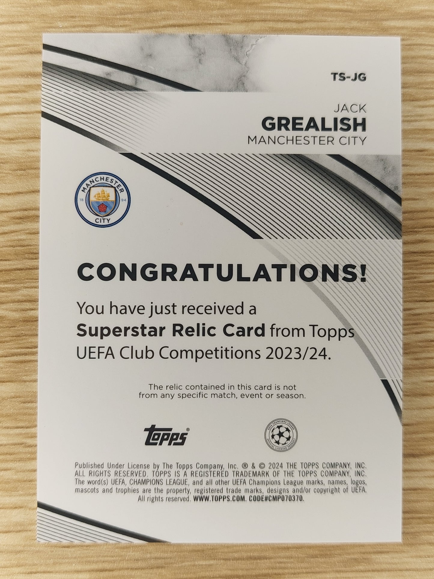 Topps 2023/24 UEFA Club Competitions Superstar Relic Card Jack Grealish TS-JG