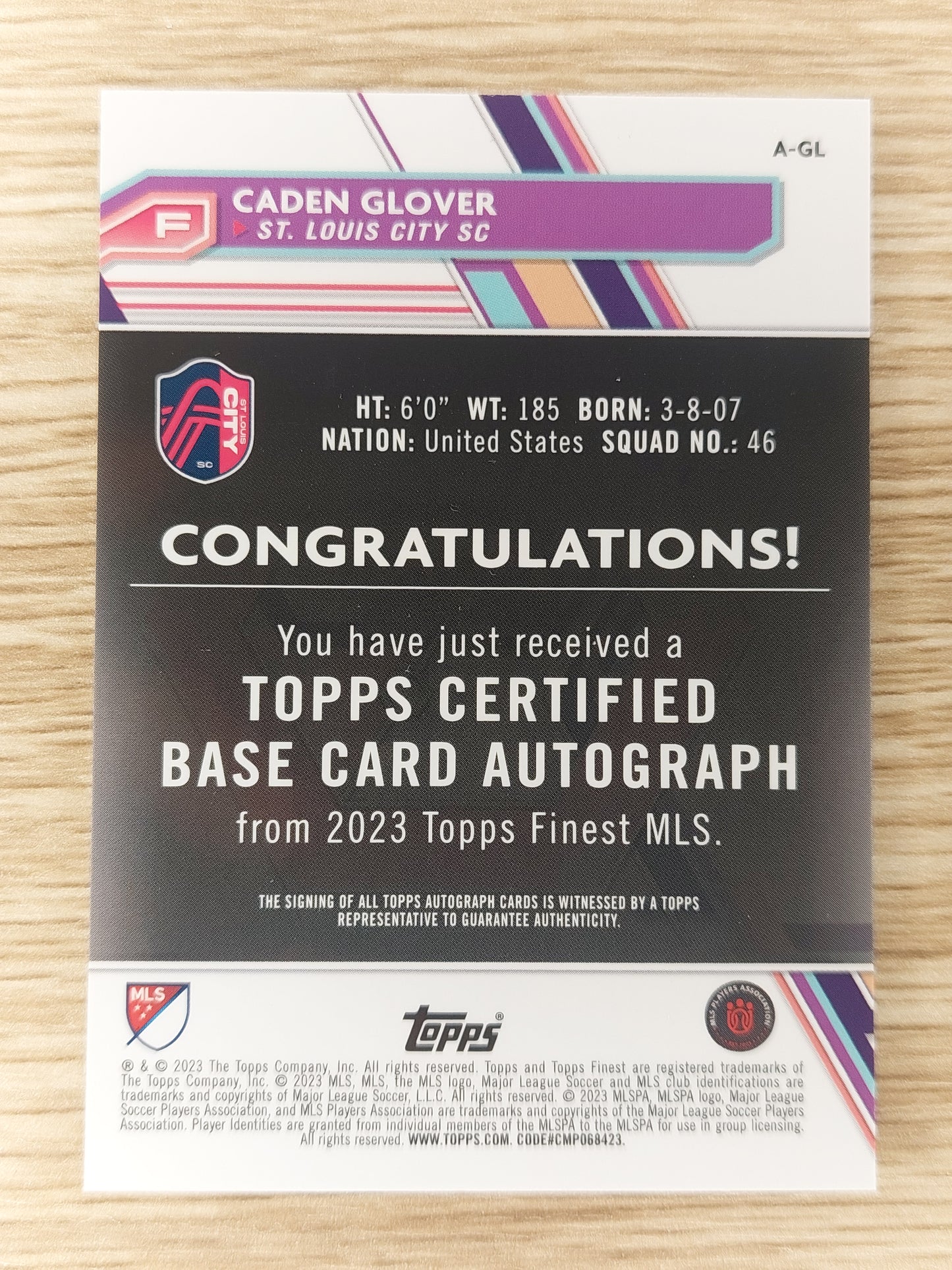 2023 Topps Finest MLS Soccer A-GL Caden Glover Auto Green Refractor 29/99