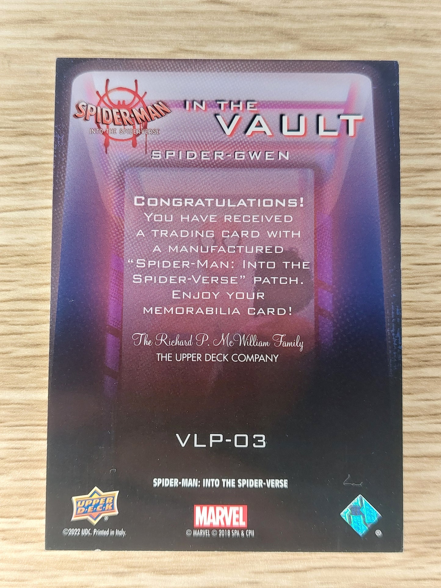 2022 Upper Deck Spiderman into the Spiderverse VLP-03 IN THE VAULT Spider-Gwen Patch 068/125