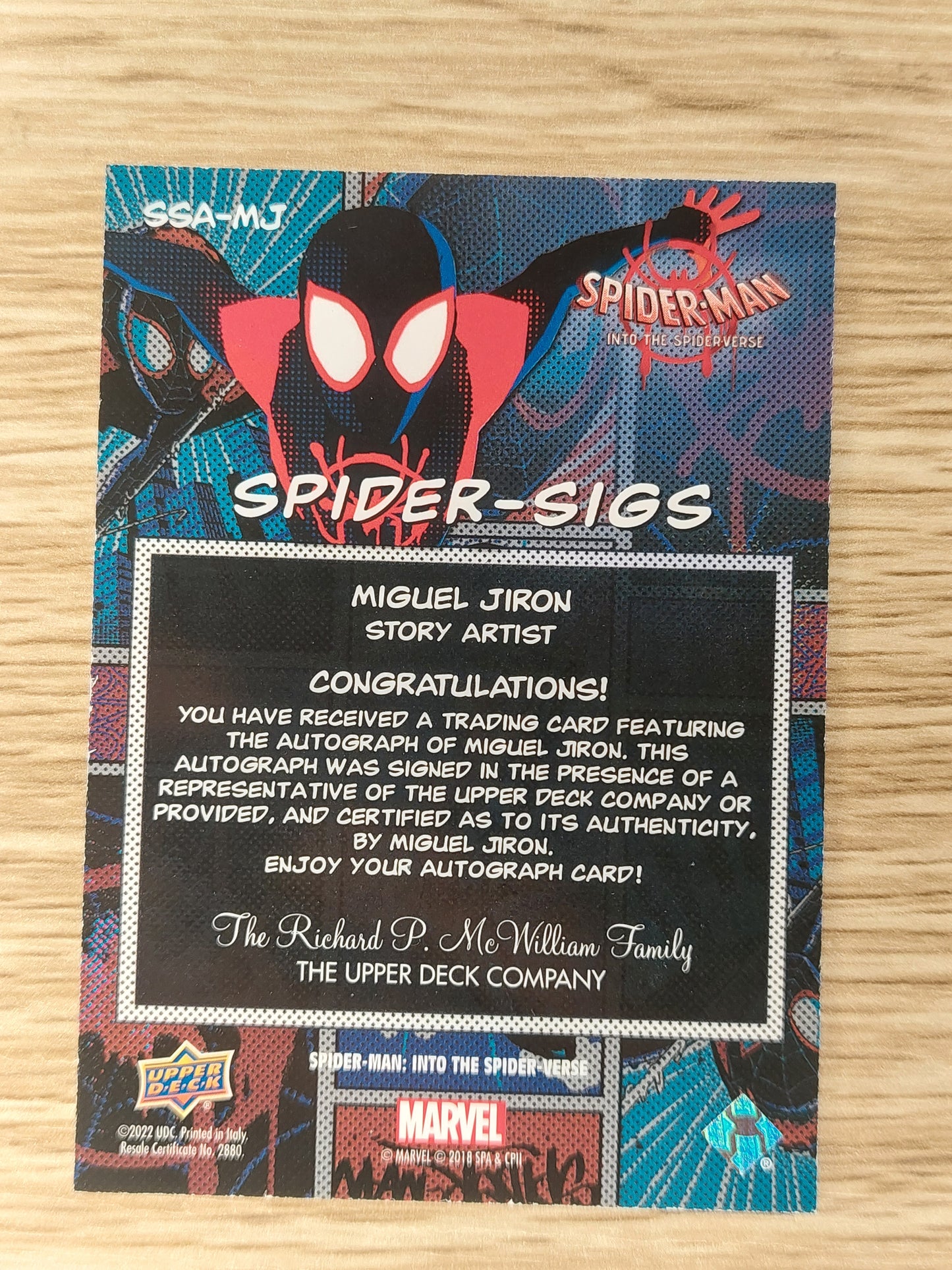 2022 Upper Deck Spiderman into the Spiderverse SSA-MJ Spider-Sigs Miguel Jiron Auto