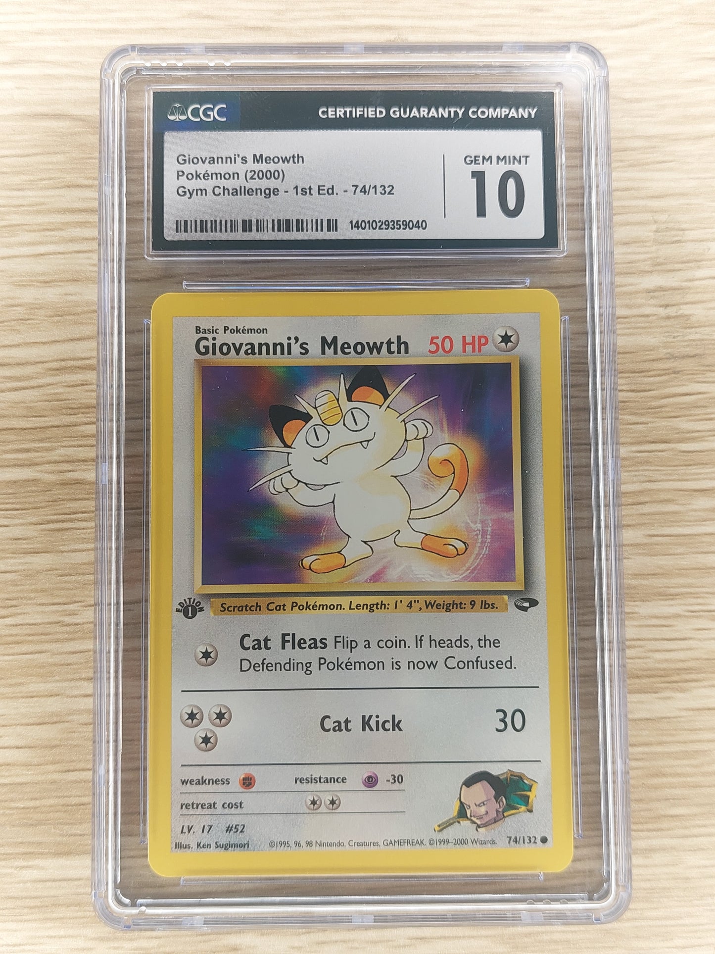 2000 WOTC Pokemon Gym Challenge 74/132 Giovanni's Meowth Non Holo 1st Edition CGC 10