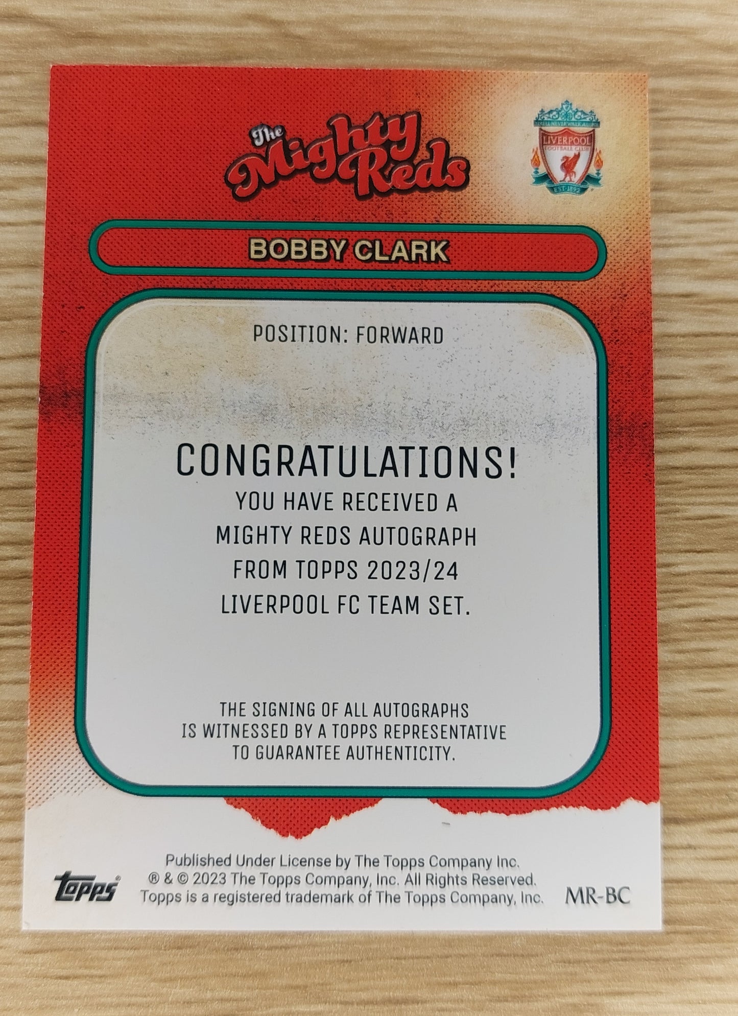 Topps 2023-24 Liverpool FC Team Set MR-BC Mighty Reds Bobby Clark Auto