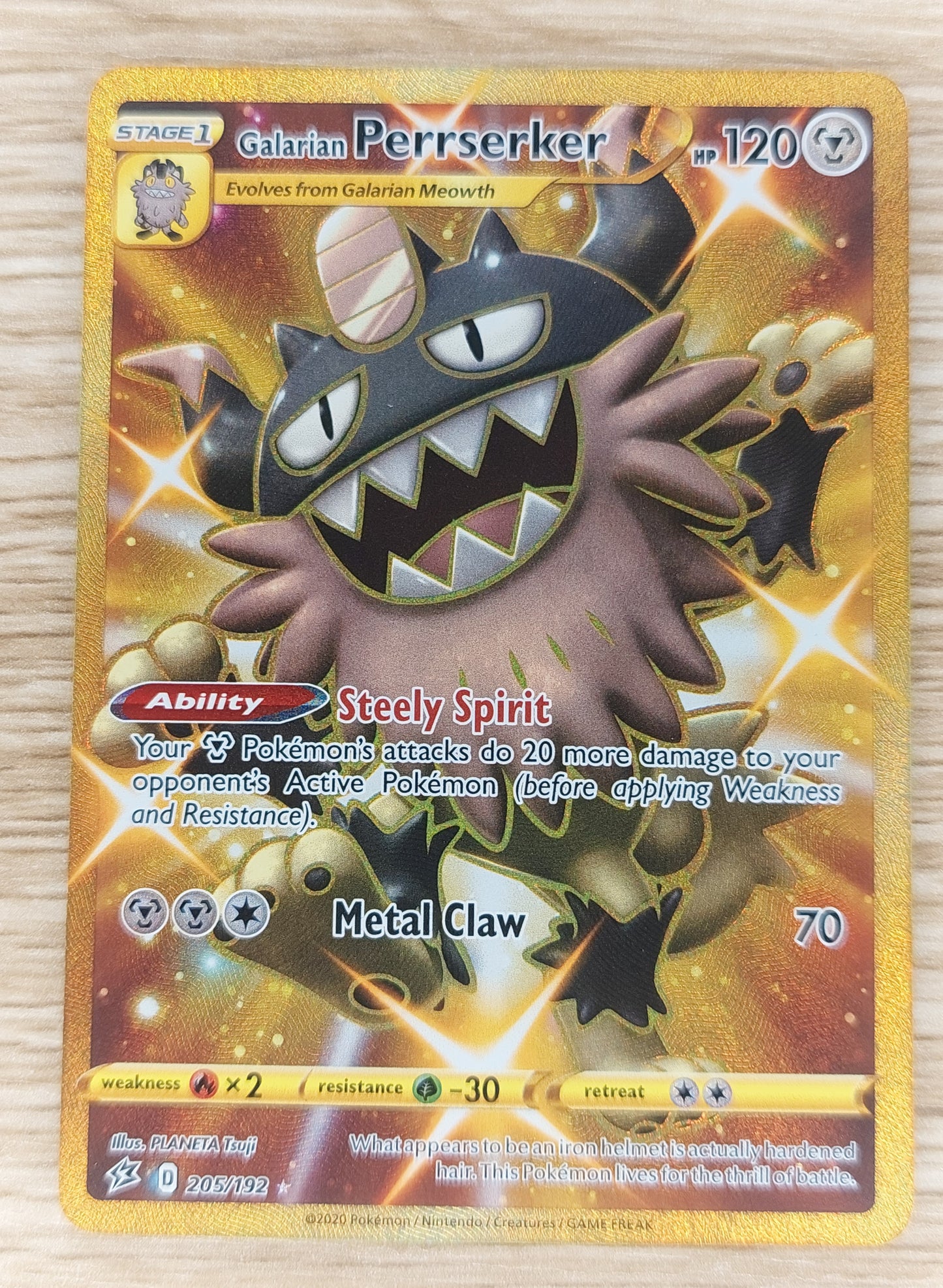 Gold Galarian Perrserker - 205/192 - Pokemon Rebel Clash Sword Shield Secret Rare  NM