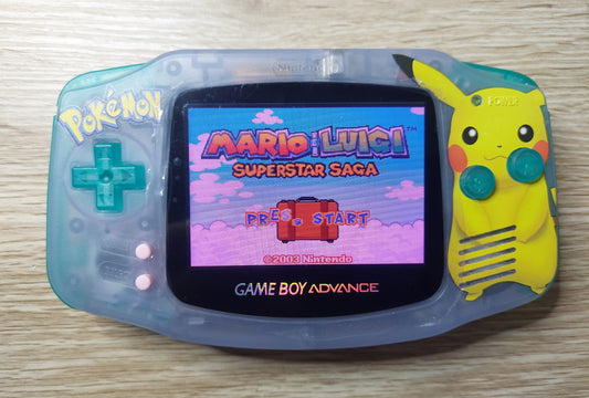 2000 Nintendo Gameboy Advance AGB-001 Brand new Lavender Pikachu case,IPS Backlit screen w/color brightness adjustable touch Game not included.