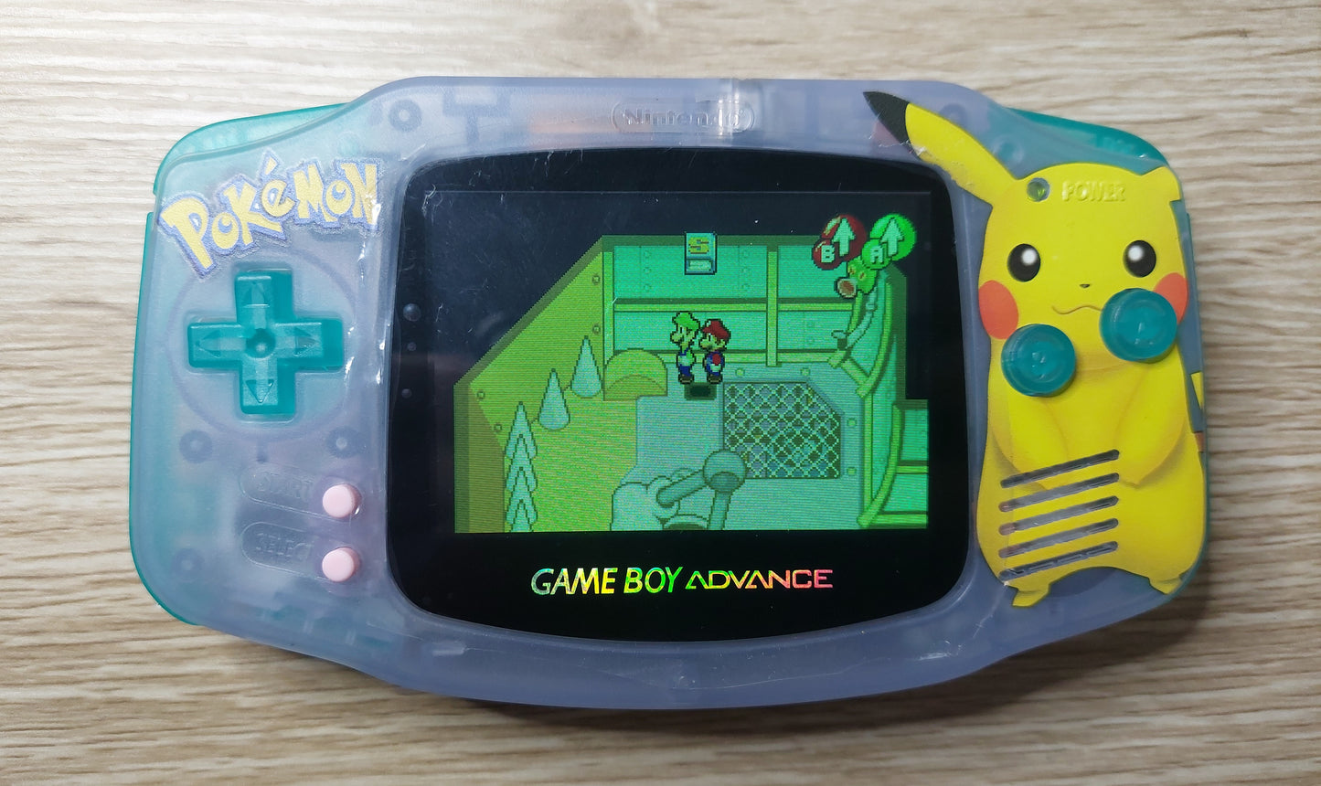 2000 Nintendo Gameboy Advance AGB-001 Brand new Lavender Pikachu case,IPS Backlit screen w/color brightness adjustable touch Game not included.