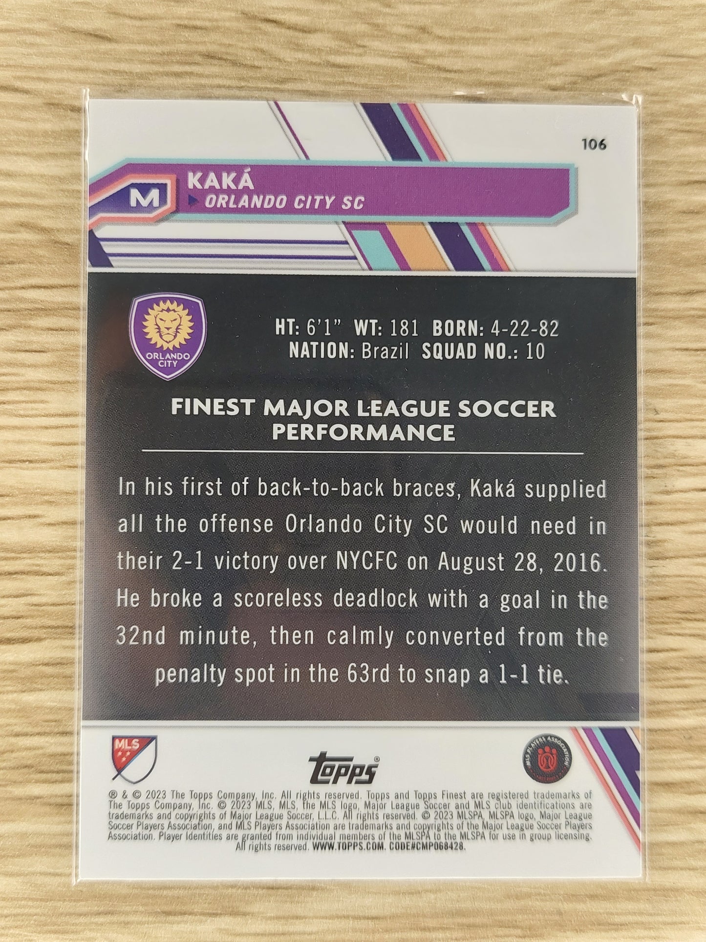 2023 Topps Finest MLS Soccer #106 Kaka Gold #/50 Orlando City SC