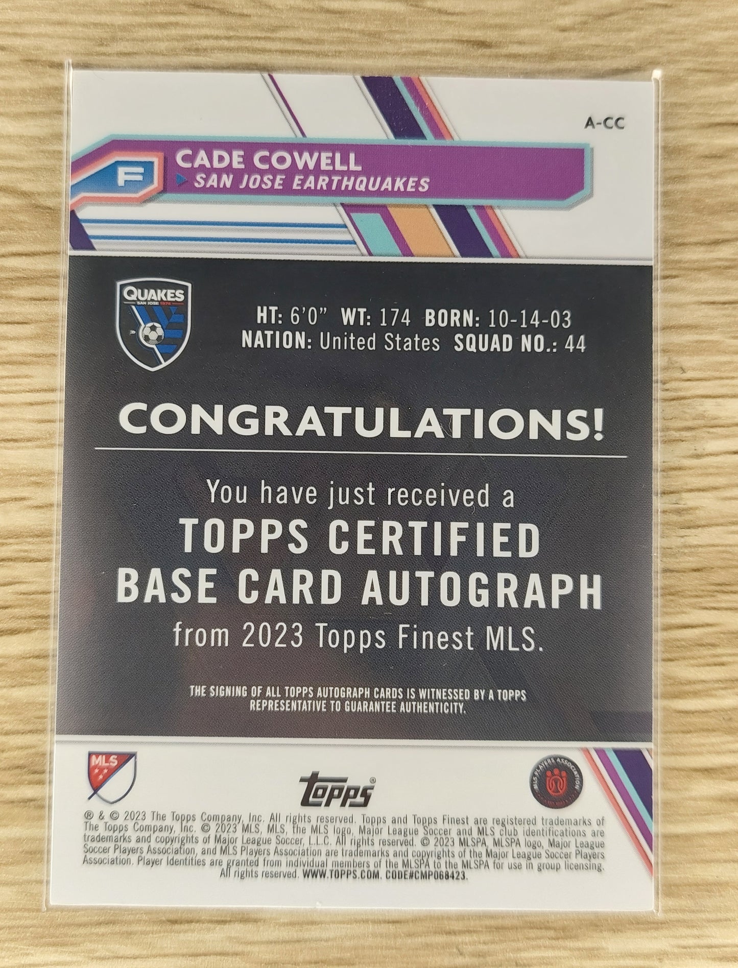 2023 Topps Finest MLS Soccer A-CC Cade Cowell Base Auto Aqua #/75