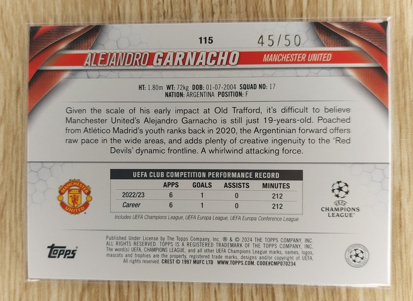 Topps 2023-24 Champions League #115 Alejandro Garnacho Gold Future Stars #/50