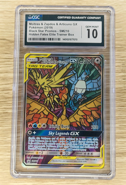 2019 Pokemon Hidden Fates ETB Moltres,Zapdos & Articuno SM210 Black Star Promo CGC 10