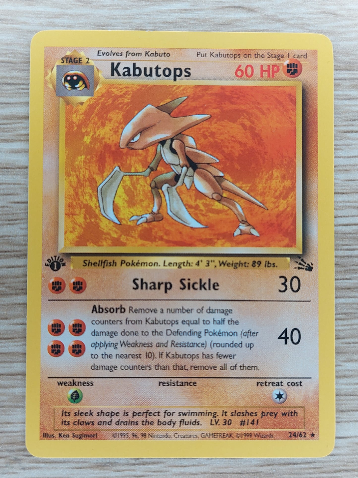 1999 Pokemon TCG Fossil 24/62 Kabutops Non Holo 1st Edition Mt