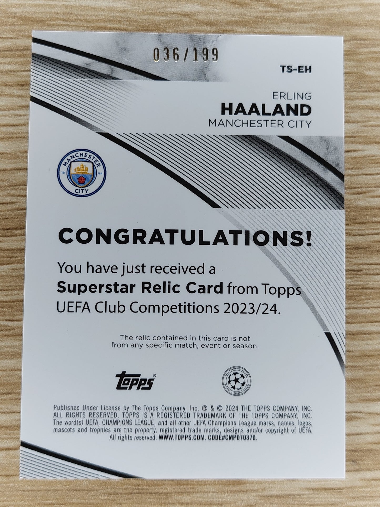 2023-24 Topps UEFA Champions League Erling Haaland Player Worn Relic TS-EH Green 036/199