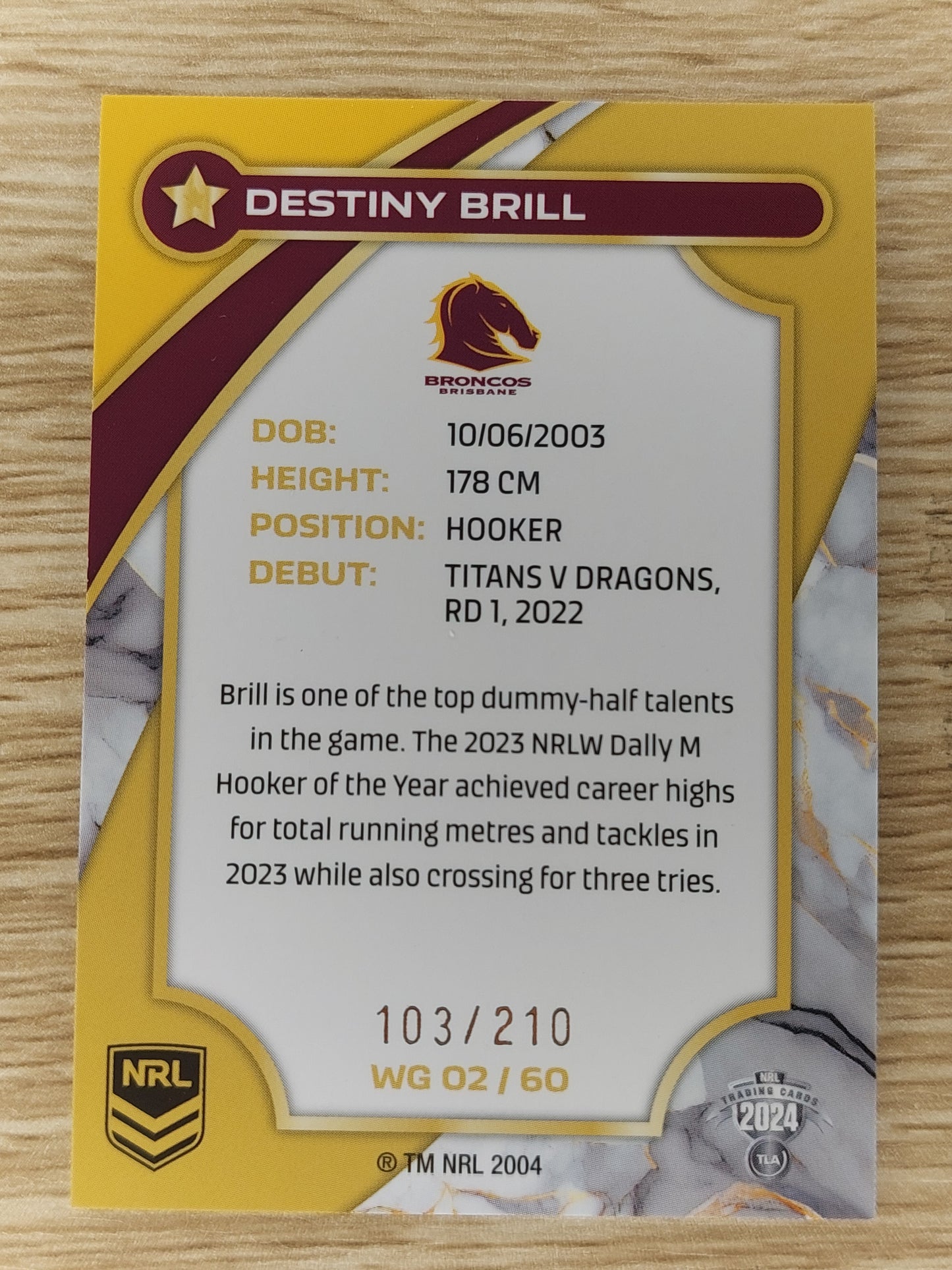 2024 NRL TRADERS Women's Gold 02/60 Destiny Brill  103/210