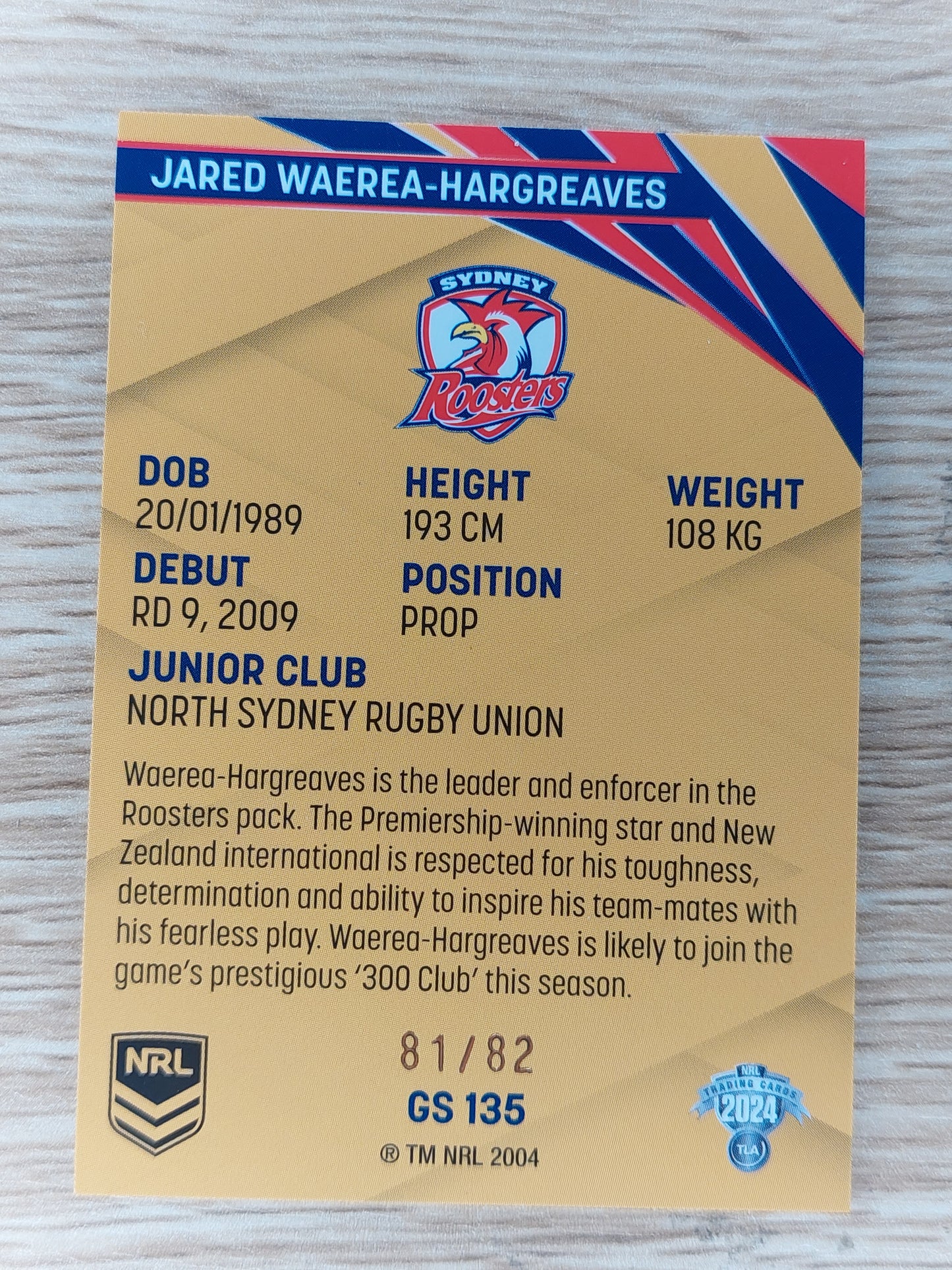 2024 NRL TRADERS GS 135 Jared Waerea-Hargreaves Gold 81/82