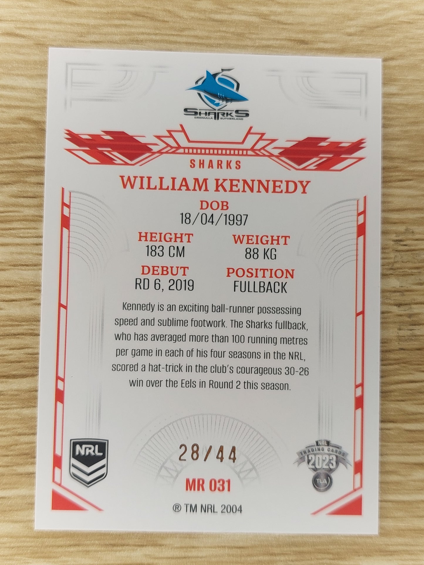 2023 NRL ELITE Mojo Ruby MR 031 William Kennedy Sharks 28/44