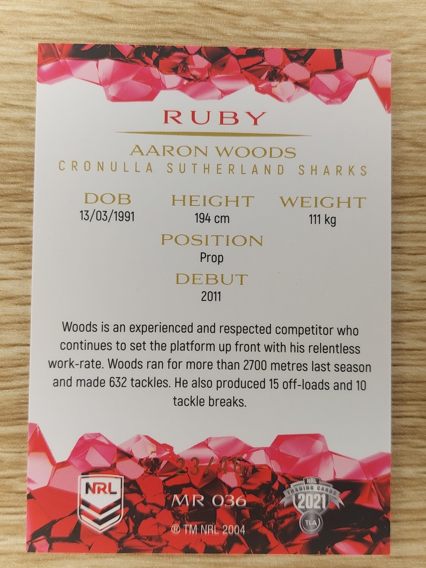 2021 NRL ELITE Mojo Ruby MR 036 Aaron Woods Sharks 23/46