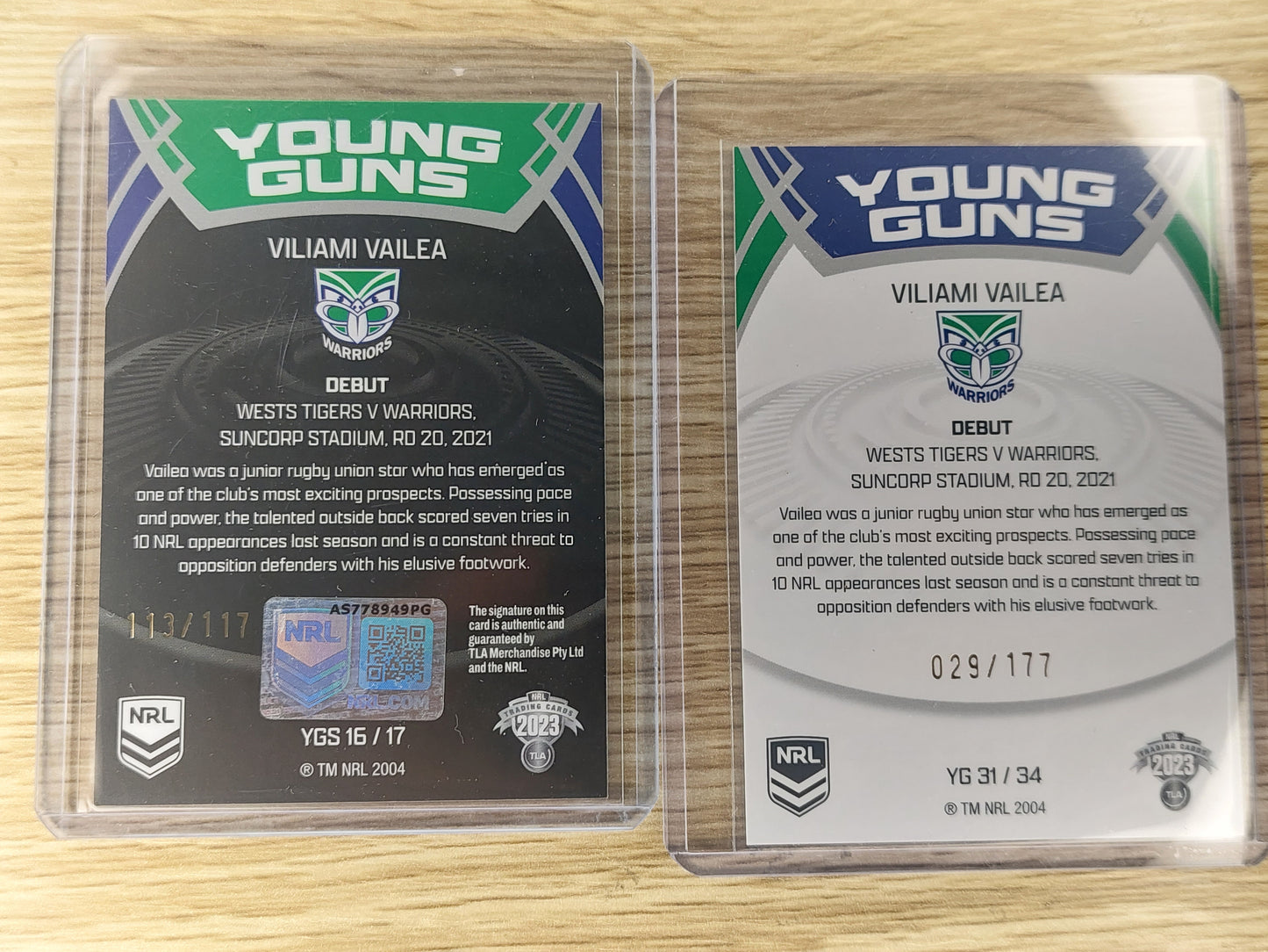 2023 NRL ELITE Young Guns Villiami Vailea YGS 16/17 Auto + YG 31/34 (113/117+029/177)