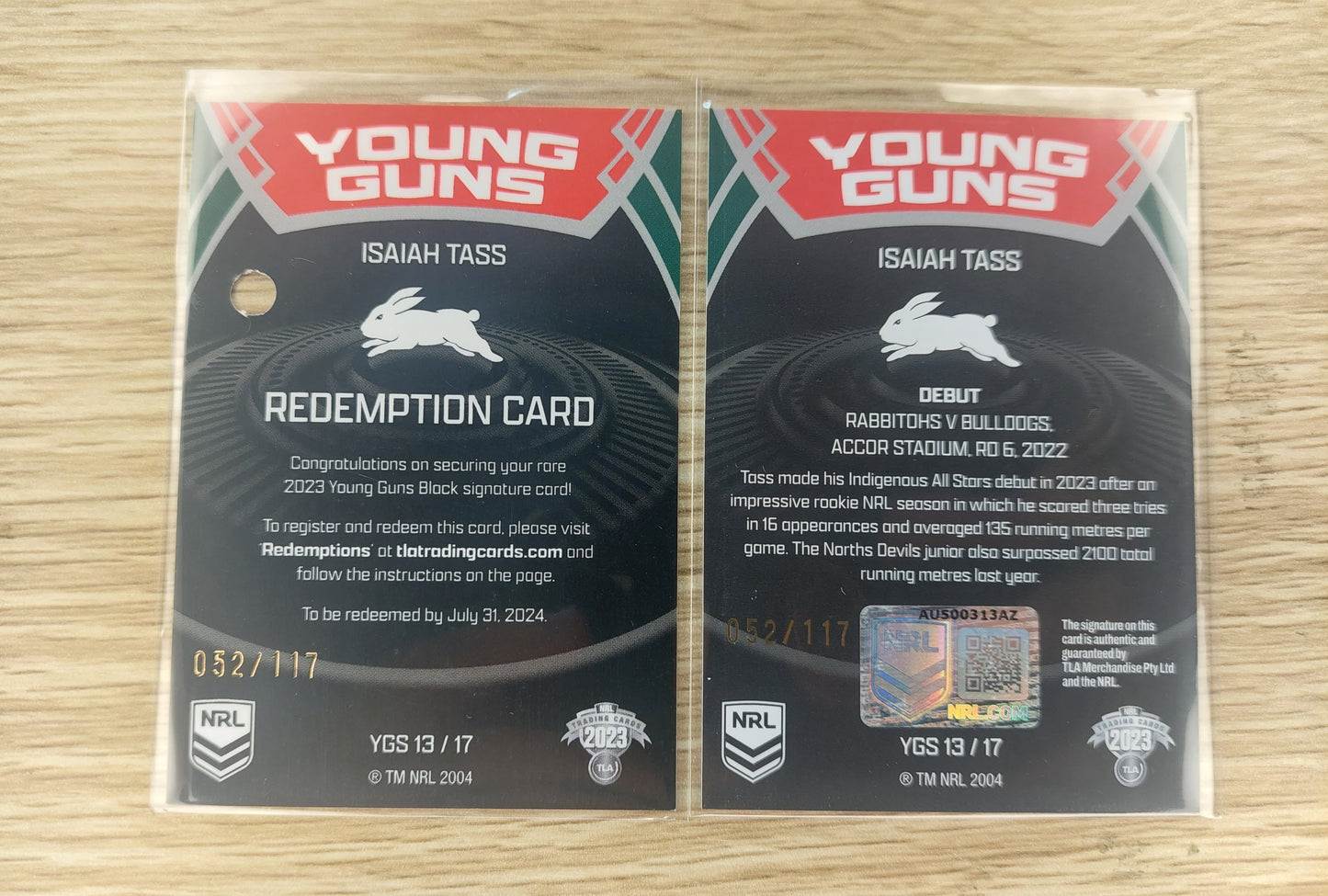 2023 NRL ELITE Young Guns Isaiah Tass YGS 13/17 Auto 052/117 + Redemption Card.