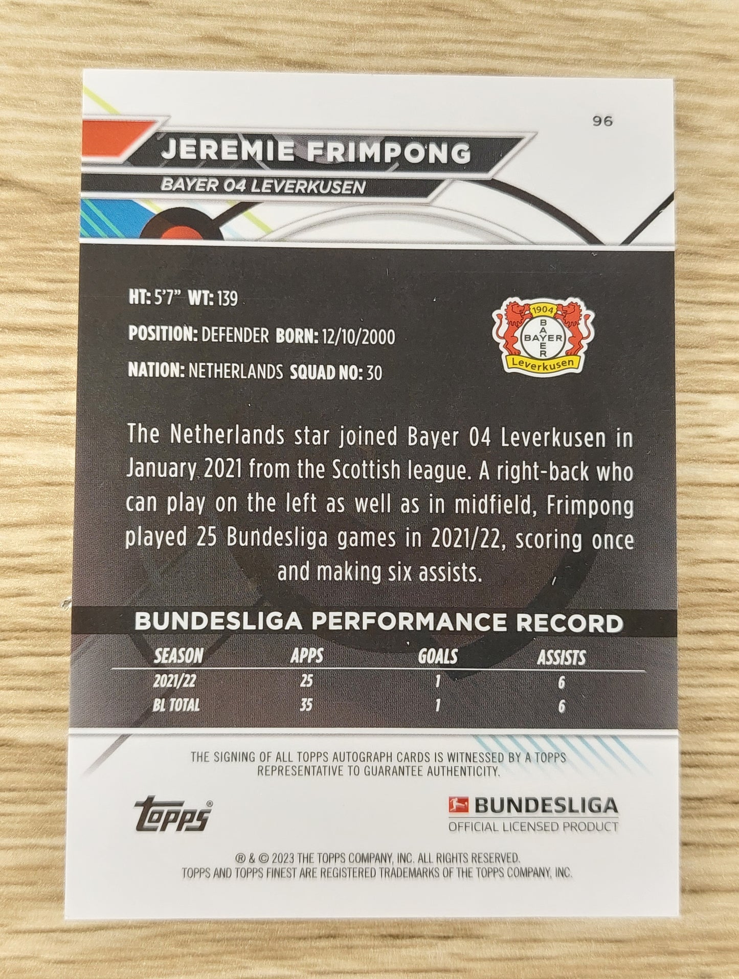 2023 Topps Finest Bundesliga #96 Jeremie Frimpong Auto