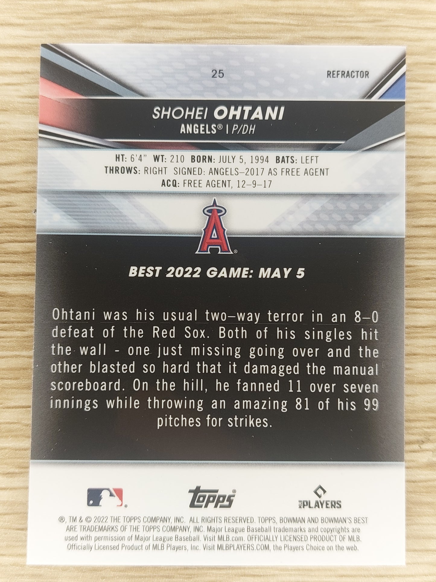 SHOHEI OHTANI 2022 Bowman’s Best Chrome Refractor #25 Angels Dodgers