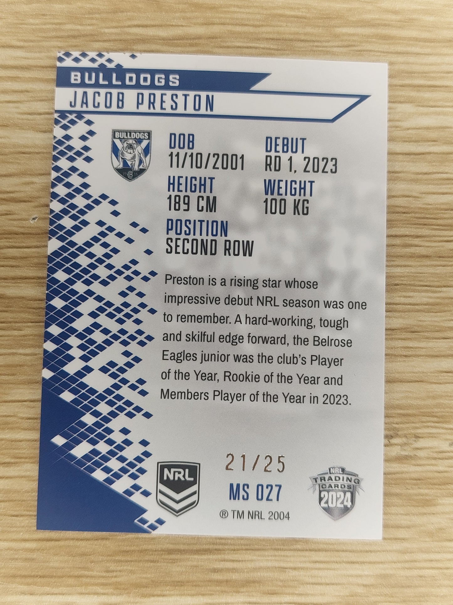 2024 Elite NRL - Mojo Sapphire - #MS027 - Jacob Preston - Bulldogs - 21/25