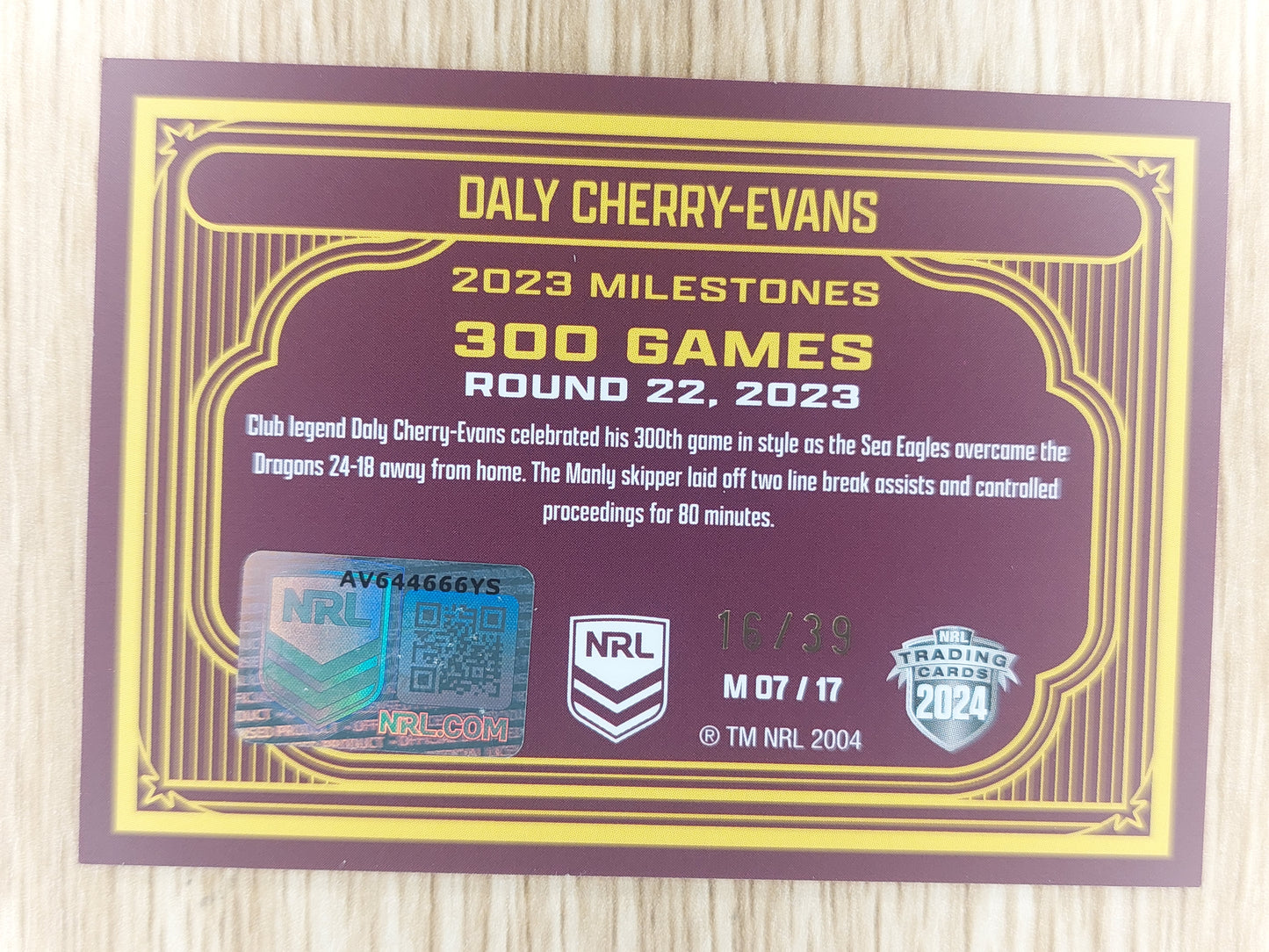 2024 NRL ELITE MILESTONE GAMES CASE CARD DALY CHERRY-EVANS MANLY SEA EAGLES #16/39