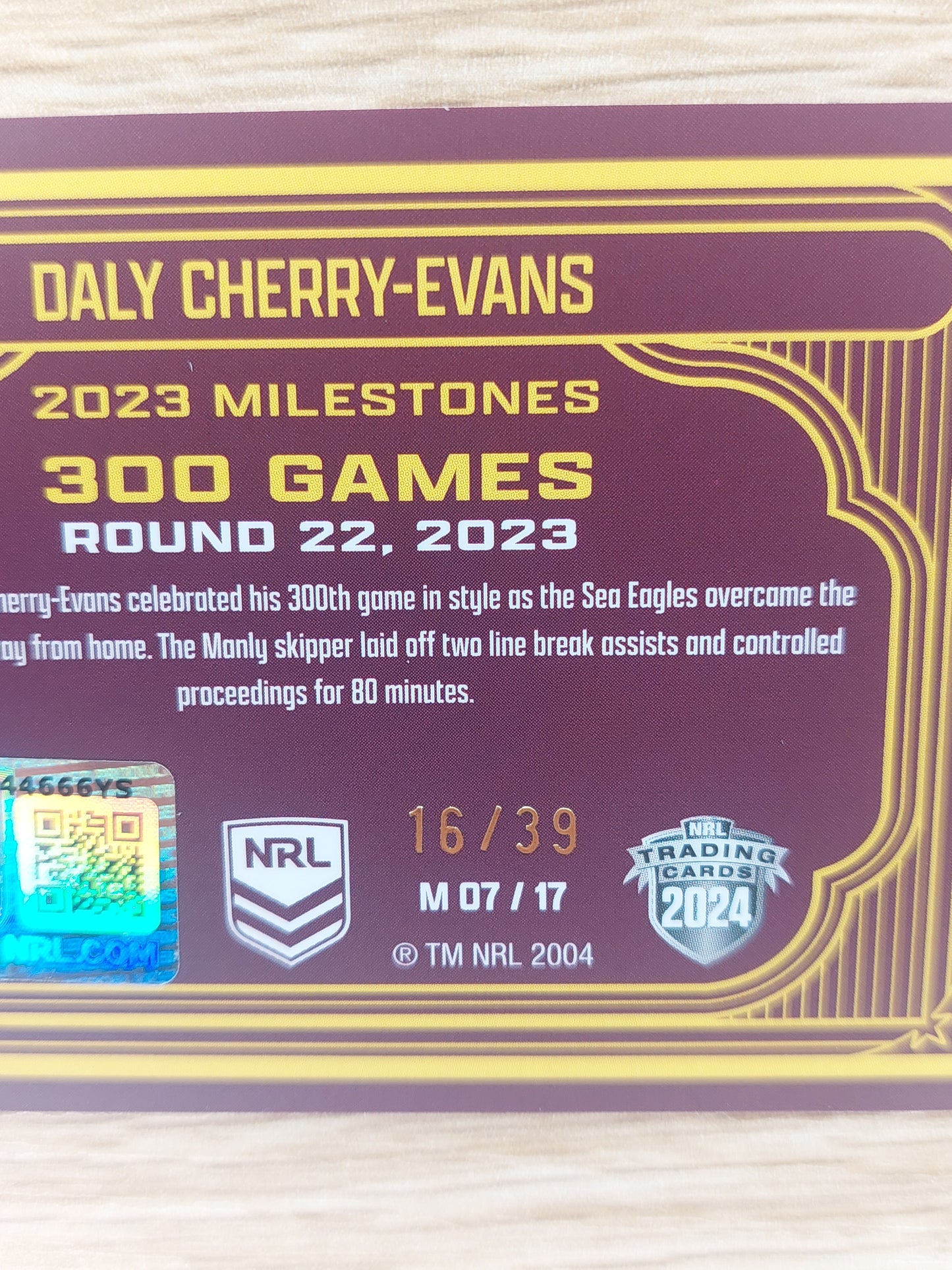 2024 NRL ELITE MILESTONE GAMES CASE CARD DALY CHERRY-EVANS MANLY SEA EAGLES #16/39