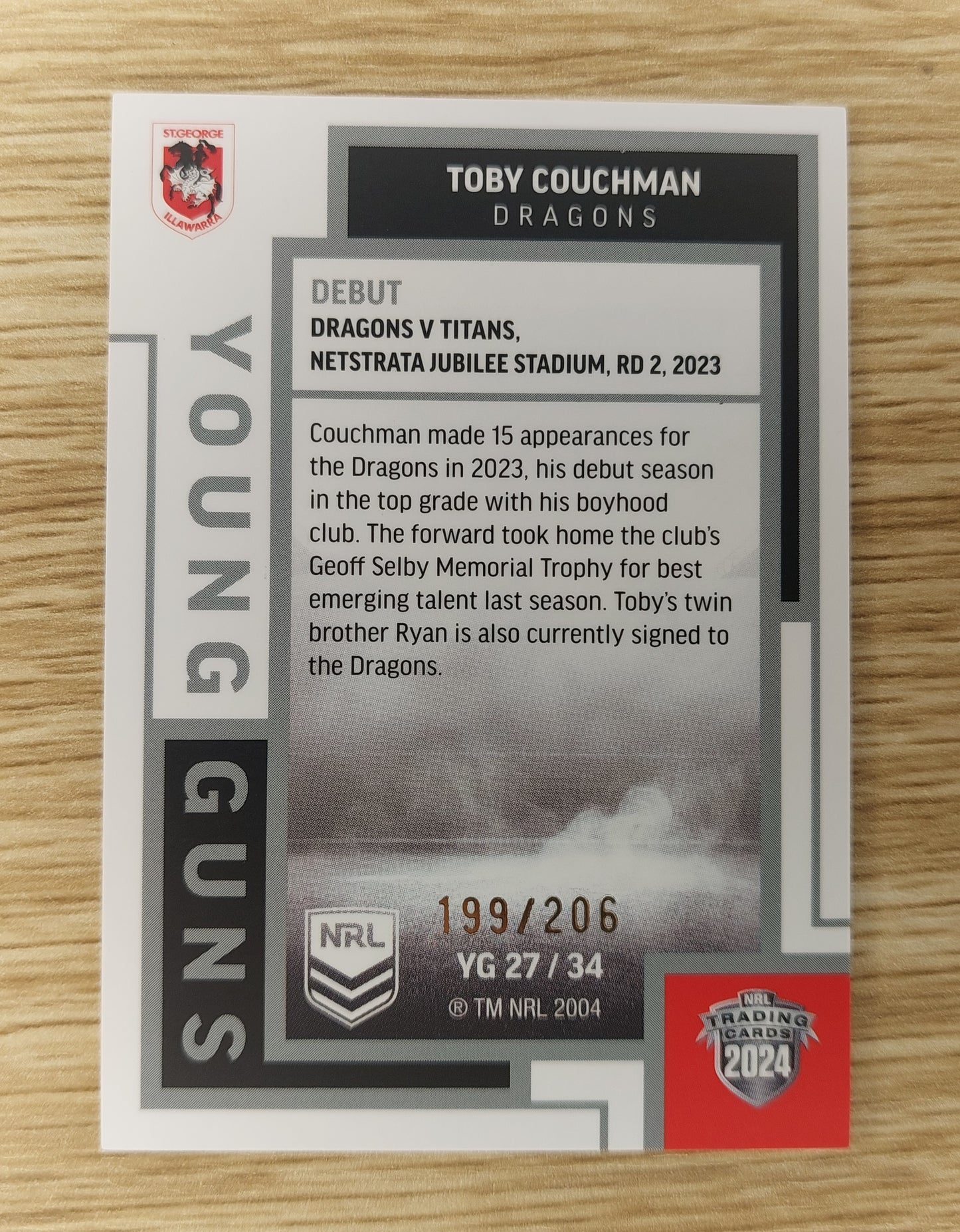 2024 NRL ELITE YOUNG GUNS YG 27/34 TOBY COUCHMAN 199/206 DRAGONS