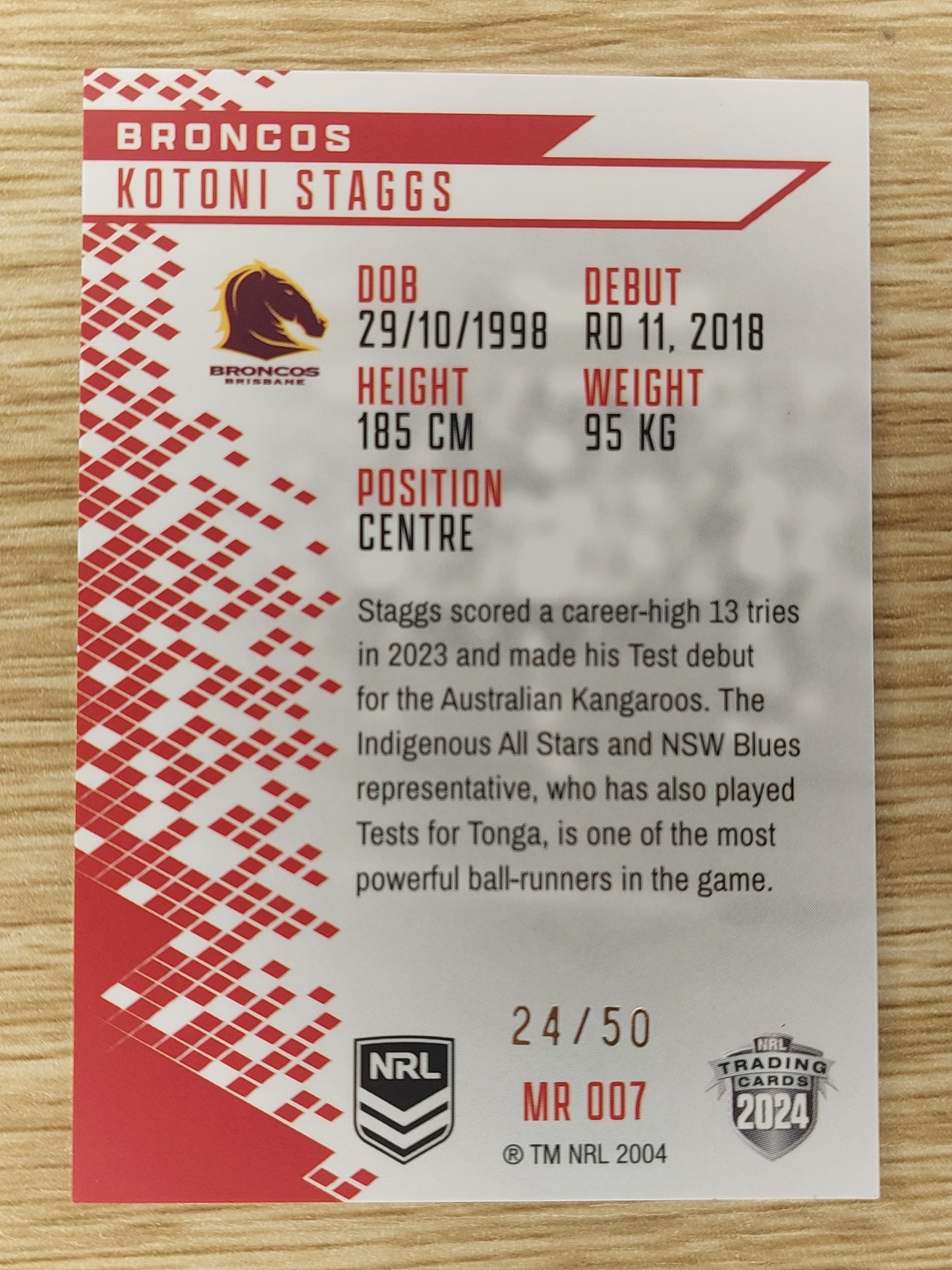 2024 NRL ELITE RUBY MOJO CARD - MR 007 Kotoni Staggs Broncos 24/50