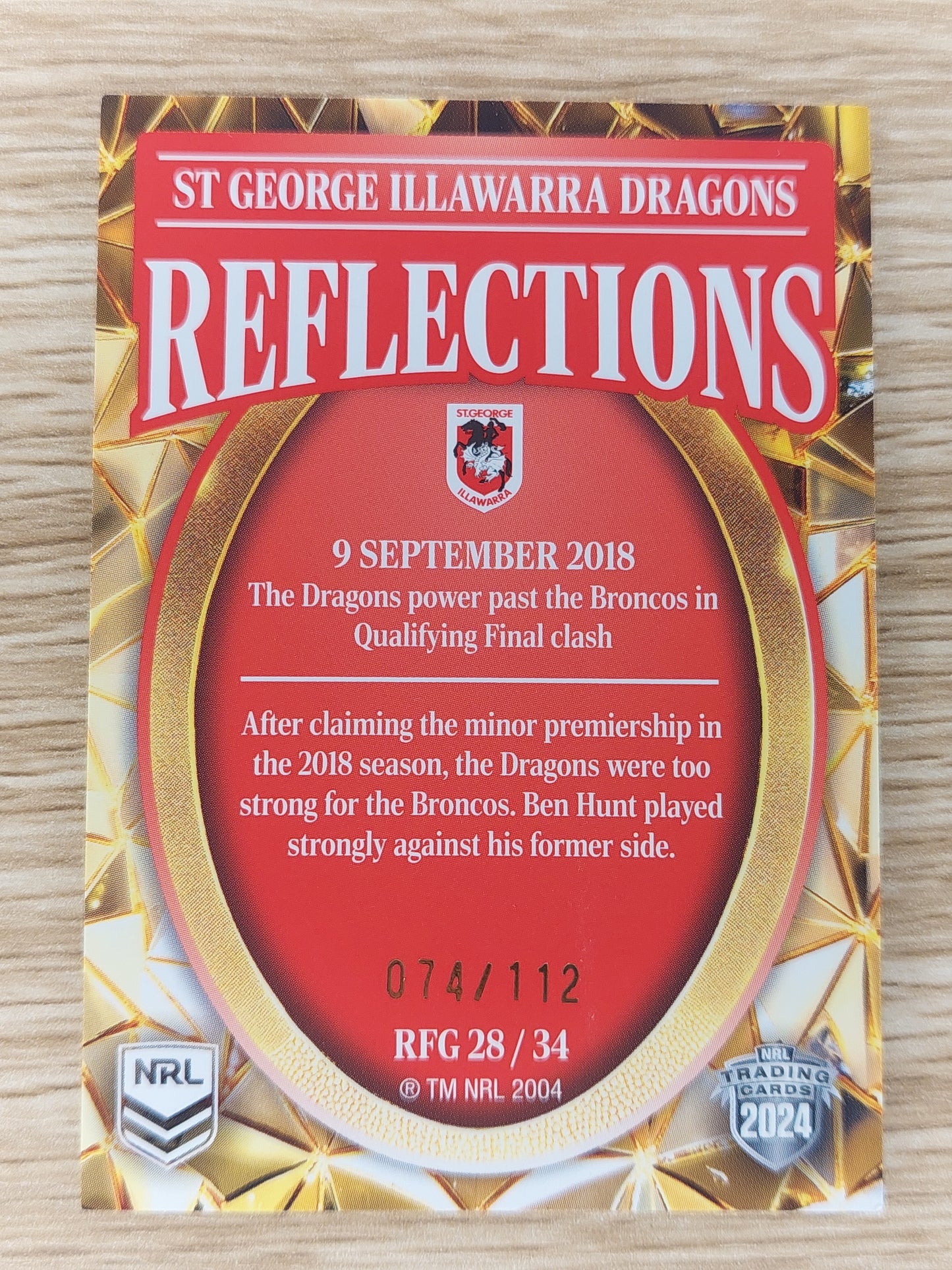 2024 NRL Elite -RFG 28/34 Reflections Gold 074/112 - Dragons