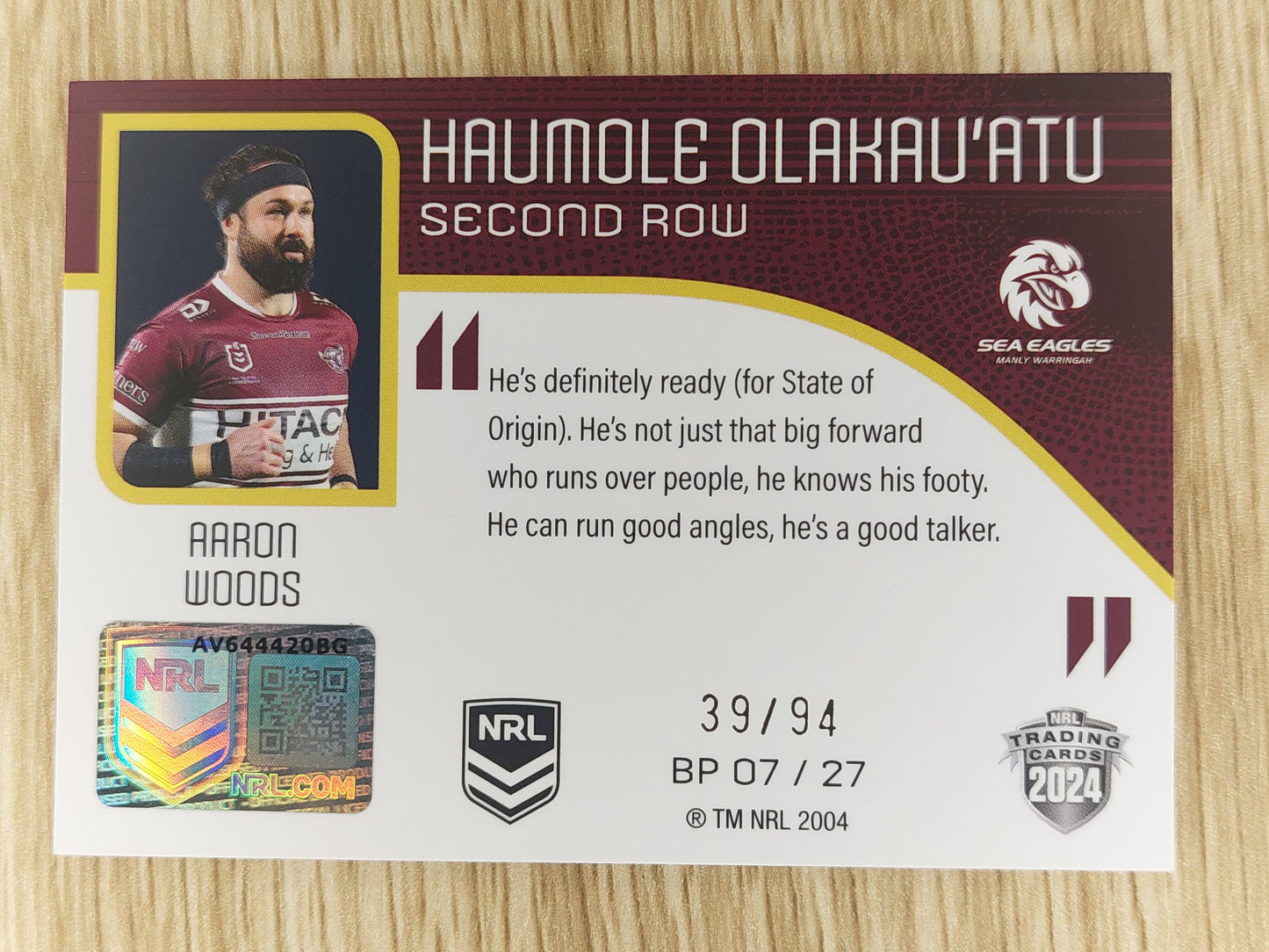 2024 NRL Elite -BP 07/27 Breakout Player Pick 39/94 - Haumole Olakau'atu - Sea Eagles