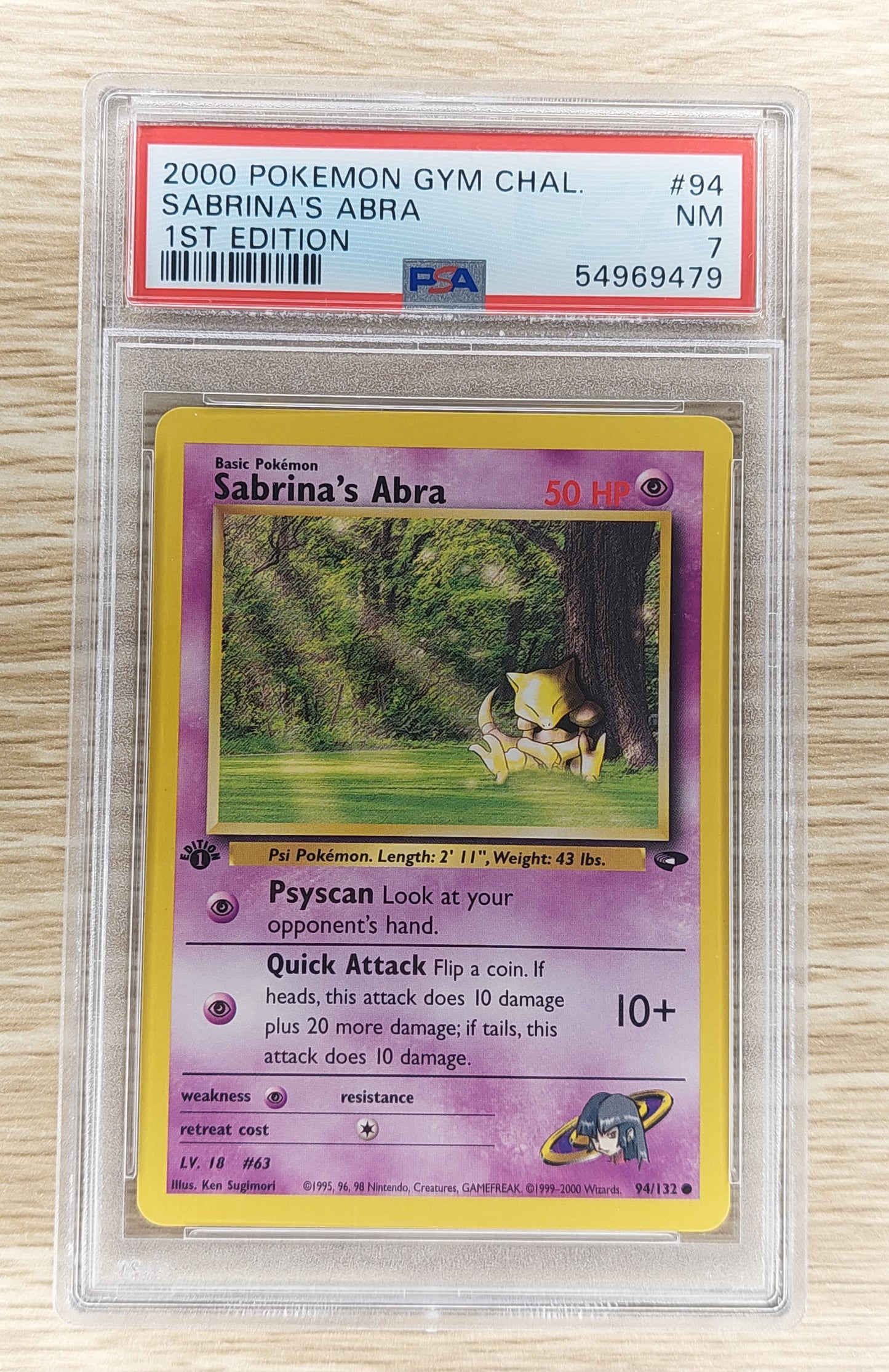 2000 Pokemon Gym Challenge 94/132 Sabrina's Abra 1st Edition Non Holo PSA 7