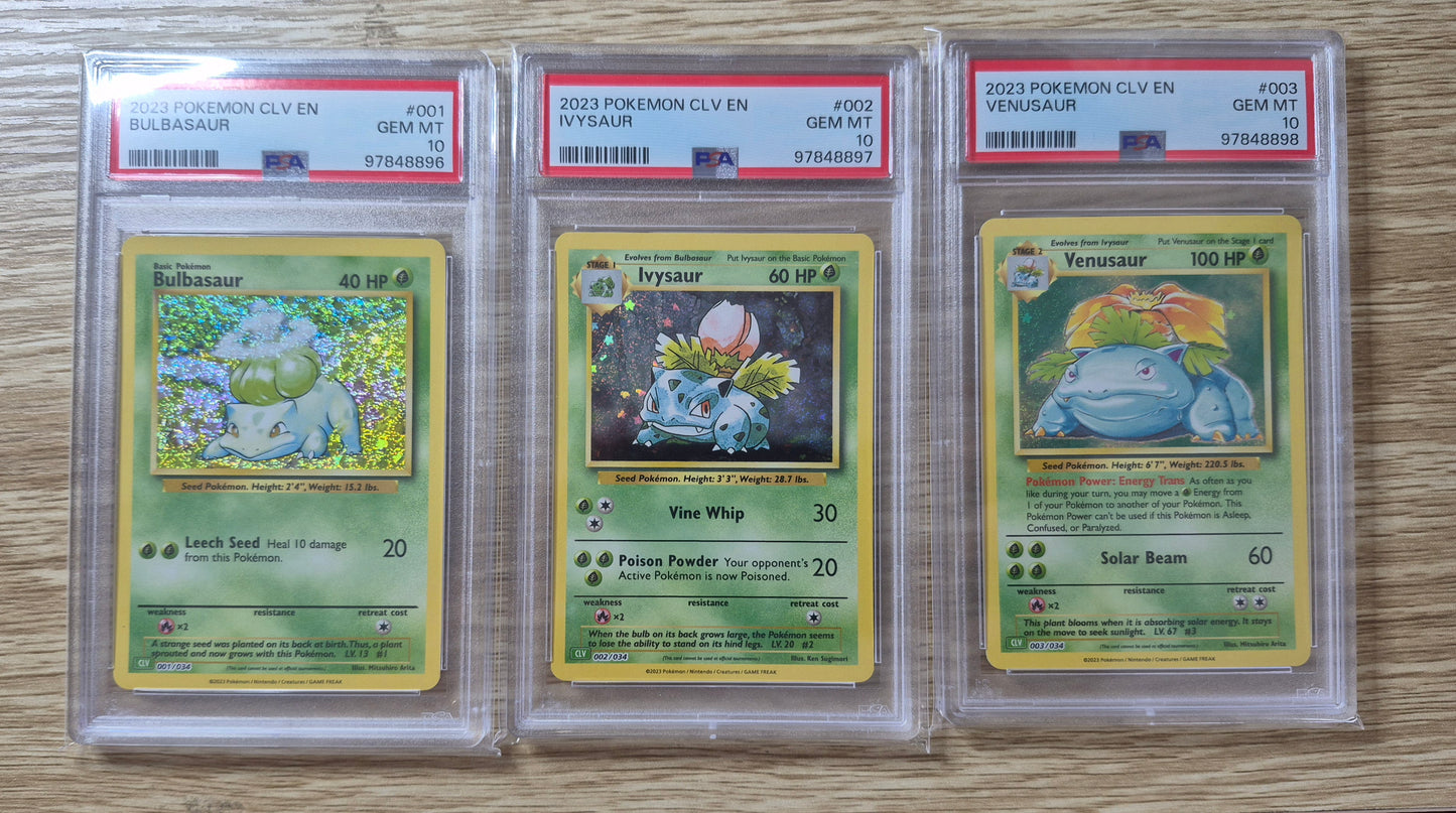 VENUSAUR 003/034 IVYSAUR 002/034 BULBASAUR 001/034 PSA 10 CLV SEQUENTIALLY NUMBERED SET ENGLISH