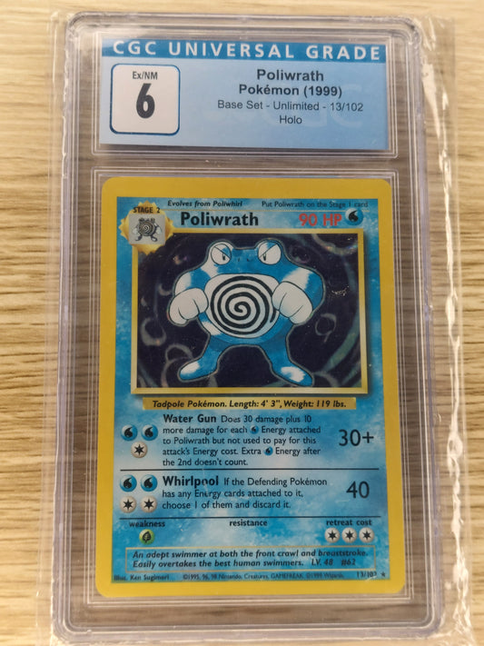 Pokemon 1999 Poliwrath Holo Base Set Unlimited 13/102 CGC 6