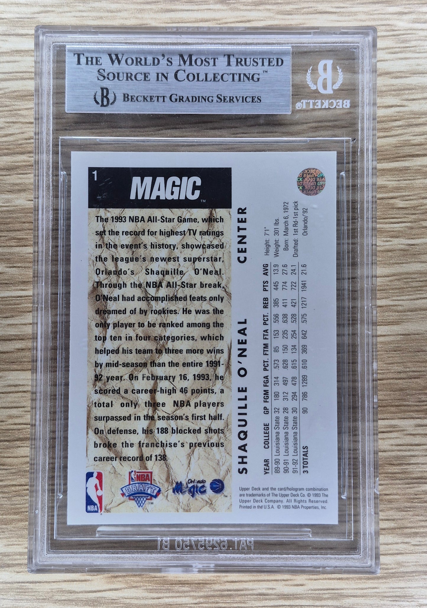 1992-93 Upper Deck #1 Shaquille O'neal SP #1 Draft Pick BGS 8.5