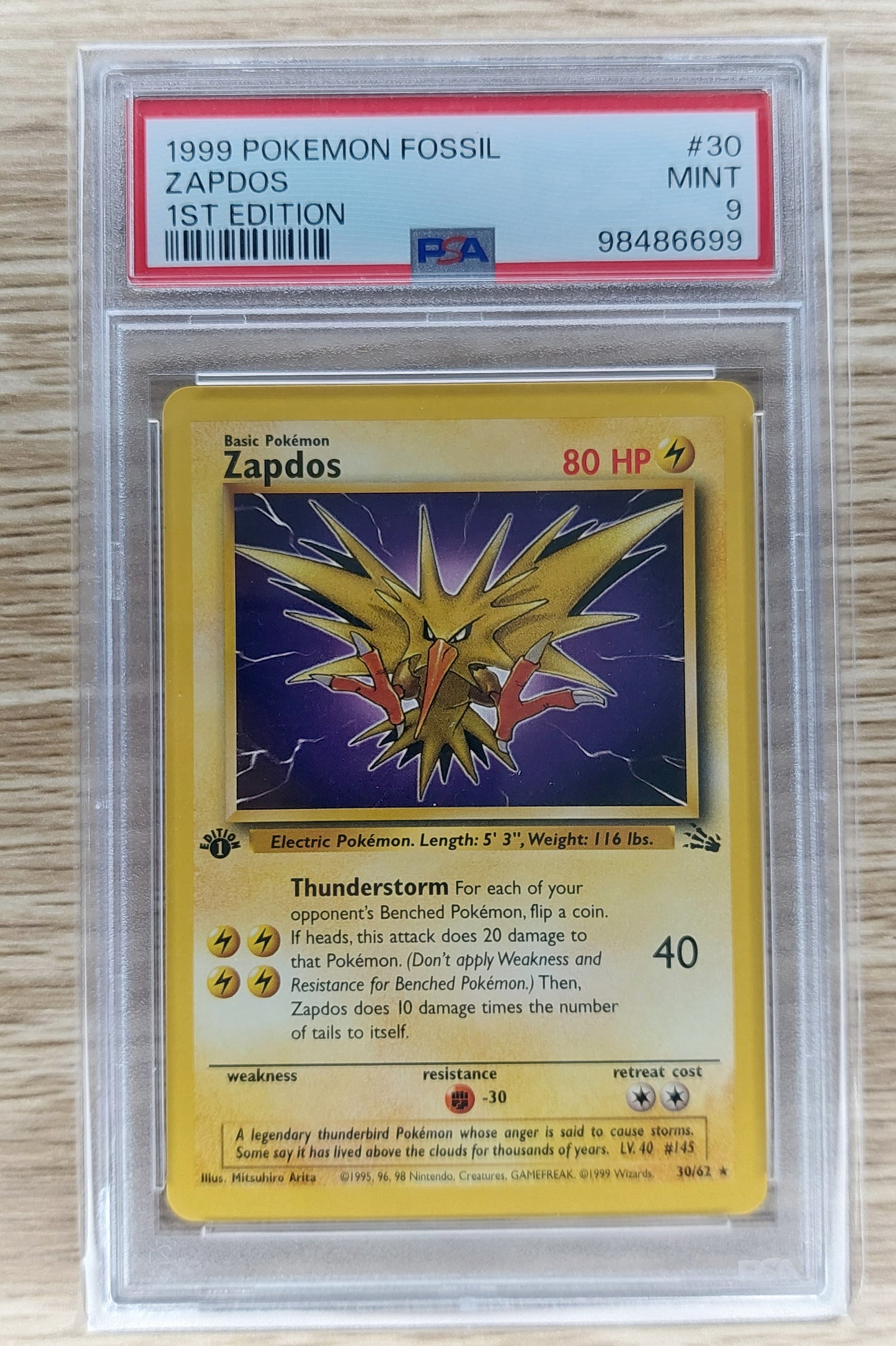 Pokemon 1999 Zapdos Non-holo Rare 1st Edition Fossil 30/62 PSA 9