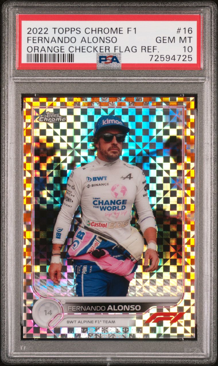 2022 Topps Chrome F1 Fernando Alonso Orange Checker Flag ReFractor PSA 10