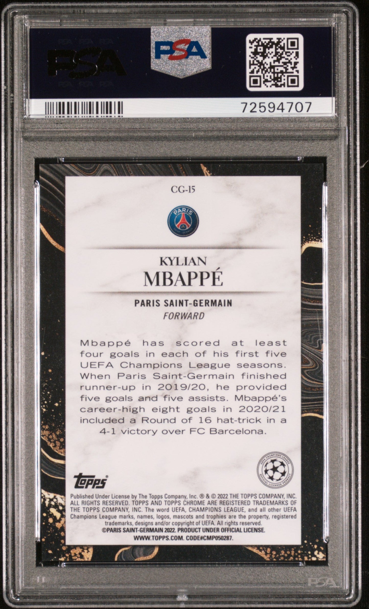 2021-22 TOPPS CHROME UCL KYLIAN MBAPPE CG-15 CHASING GLORY GOLD LAVA PSA 10