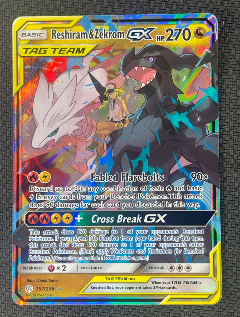 2019 Pokemon Cosmic Eclipse 157/236 Reshiram & Zekrom Gx Tag Team Ultra Rare