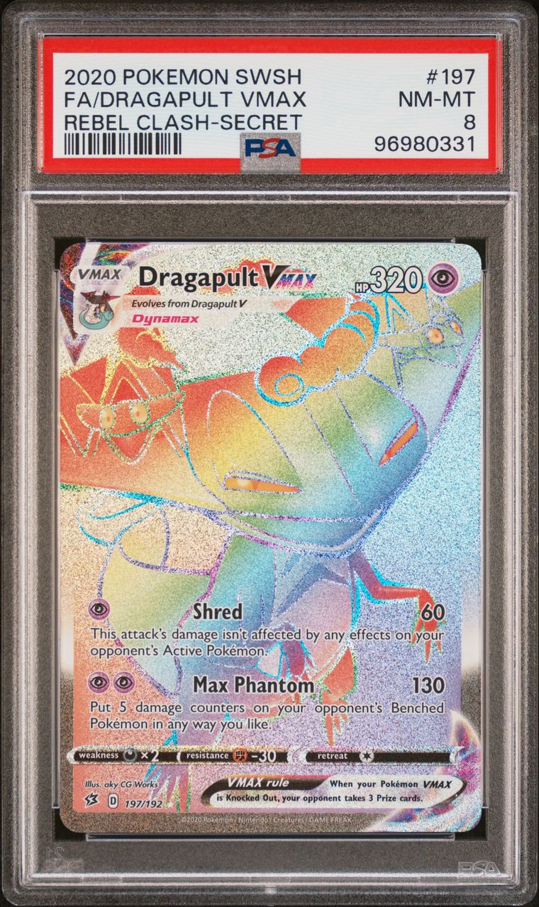 2020 Pokémon SWSH Rebel Clash 197/192 Dragapult Vmax Rainbow Secret PSA 8 NM-MT