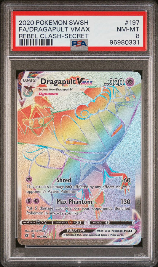 2020 Pokémon SWSH Rebel Clash 197/192 Dragapult Vmax Rainbow Secret PSA 8 NM-MT