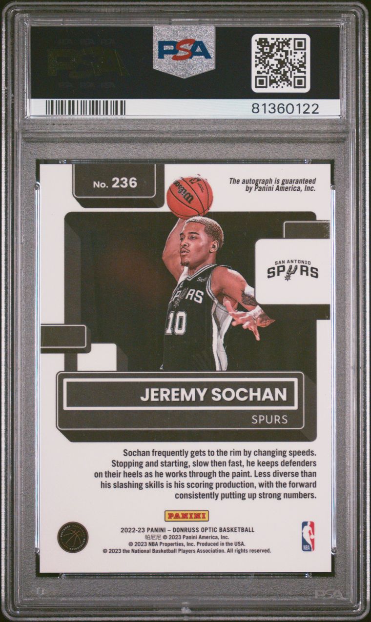 2022-23 Donruss Optic JEREMY SOCHAN Rated Rookie Auto #236 San Antonio Spurs PSA 10