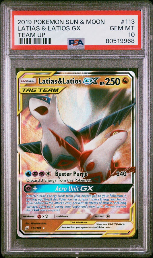 2019 Pokemon Sun & Moon Team Up 113/181 Latias & Latios GX PSA 10