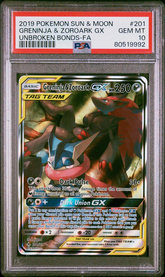 2019 Pokemon Sun & Moon Unbroken Bonds 201/214 Greninja & Zoroark GX Full Art PSA 10