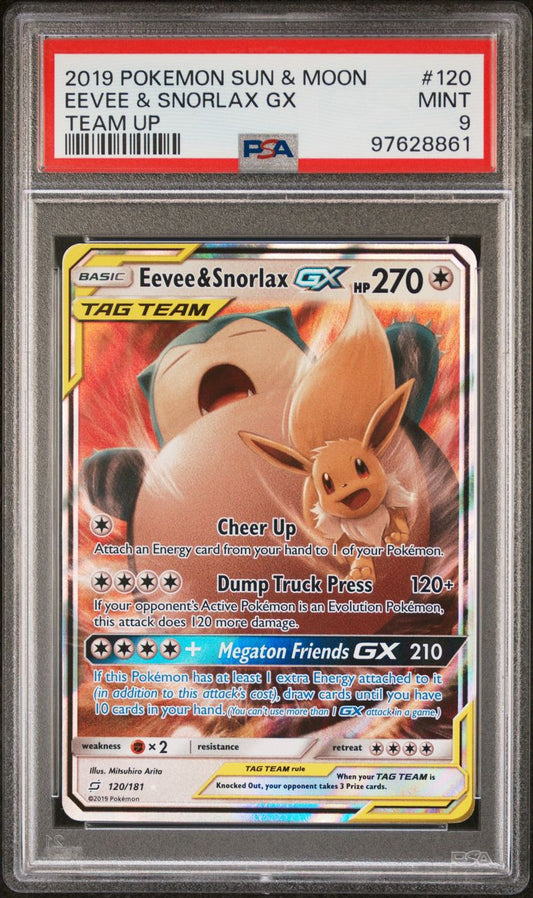 2019 Pokémon S&M Team Up 120/181 Eevee & Snorlax GX PSA 9