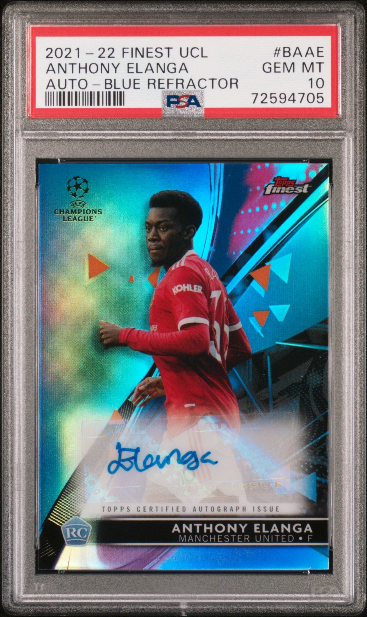 2021-22 TOPPS FINEST UCL ANTHONY ELANGA BA-AE AUTO BLUE #/150 PSA 10