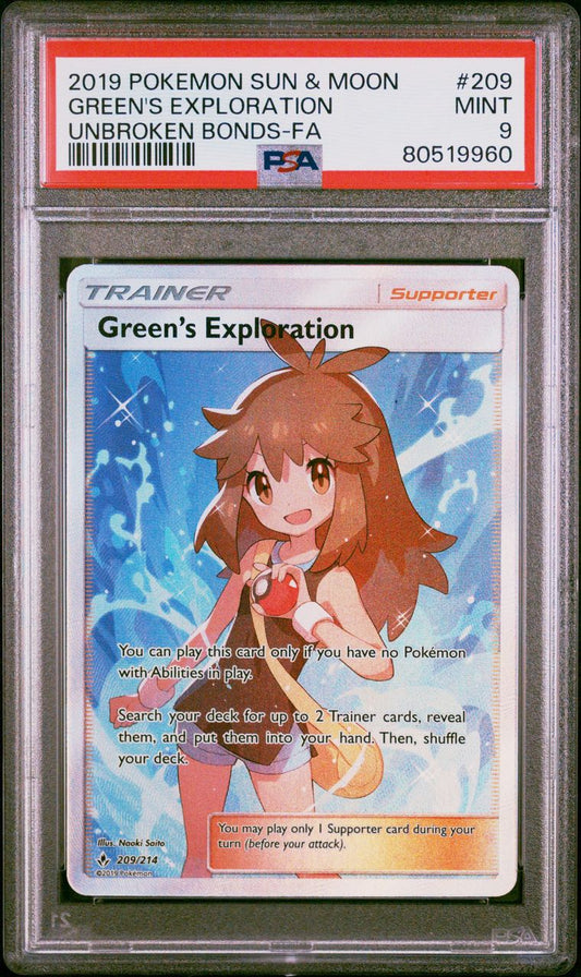 2019 Pokemon Sun & Moon Unbroken Bonds 209/214 Green's Exploration Full Art Trainer PSA 9